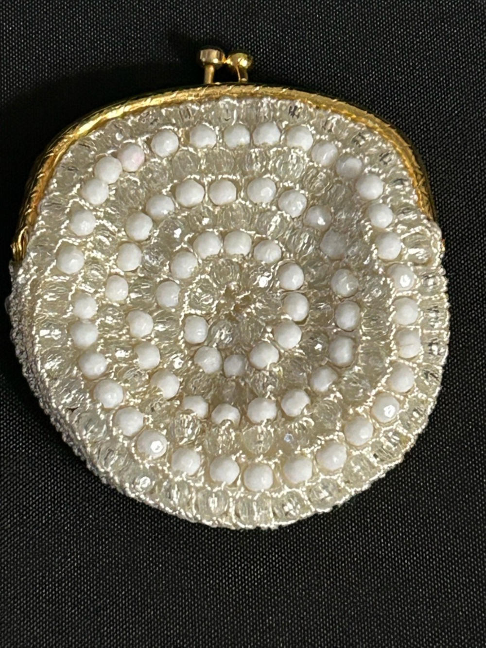 Handcrafted White Beaded Coin Purse with Gold Frame